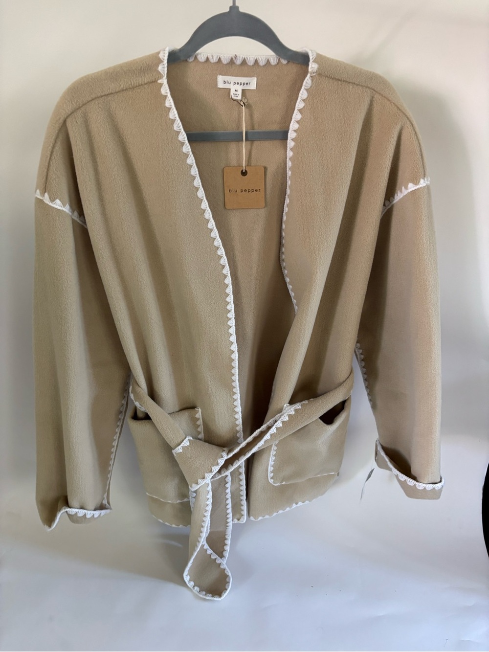 NWT Blu Pepper Tan Open-Front Belted Cardigan with White Trim